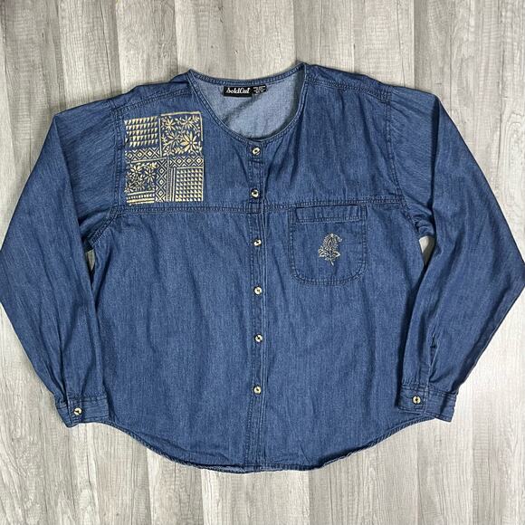 Vintage Denim Jean Long Sleeve Button Front Shirt Design Size 2X Plus Size - Picture 1 of 6